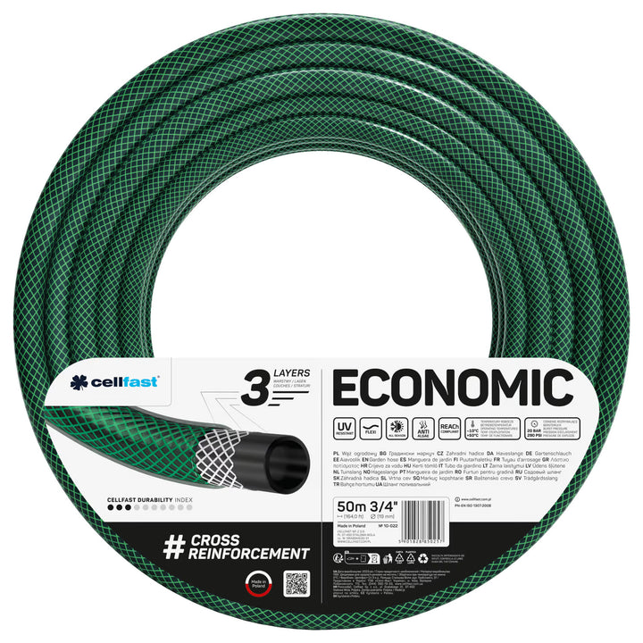 Cellfast Economic 3/4" 50m Garden Hose + Brass Quick-Connect Fitting and 3/4" Through-Fitting + 3/4" Female Threaded Connector + Rotating Sprinkler + Pistol-Style Sprinkler