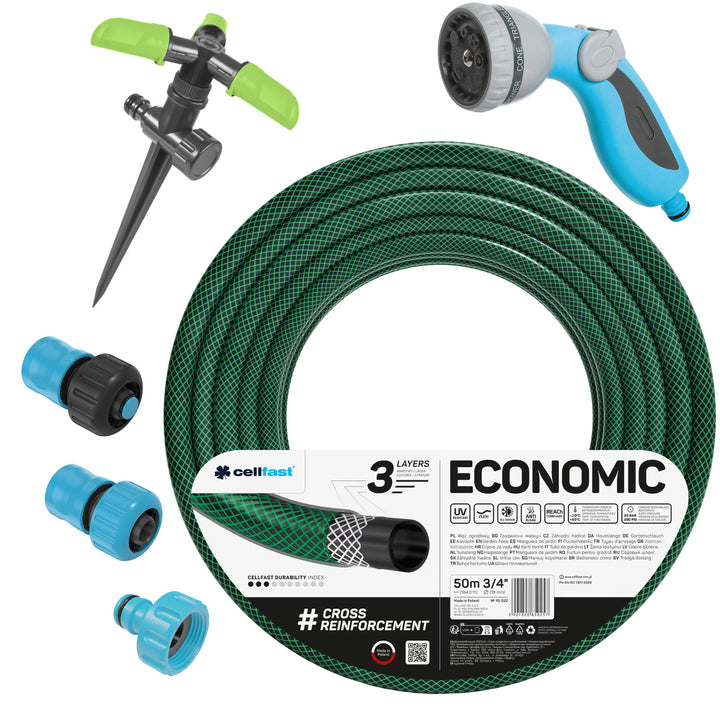 Cellfast Economic 3/4" 50m Garden Hose + Brass Quick-Connect Fitting and 3/4" Through-Fitting + 3/4" Female Threaded Connector + Rotating Sprinkler + Pistol-Style Sprinkler