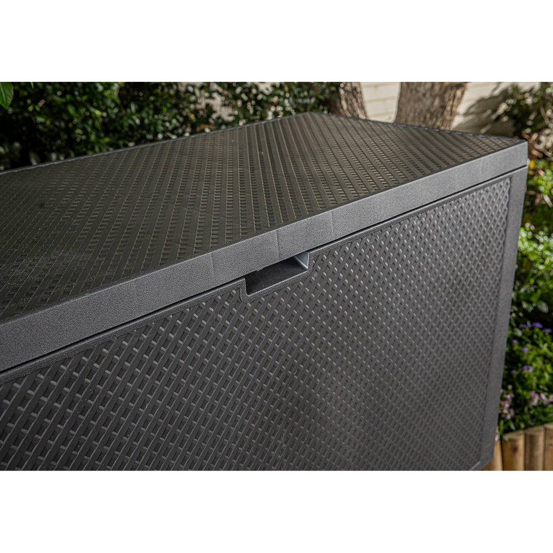 Keter Emily Garden Storage Bin, capacity 277L, anthracite color, max load capacity 20kg, weather-resistant, features handles and wheels, 249722