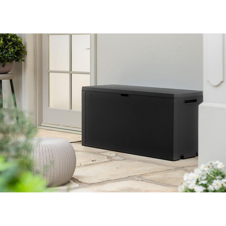 Keter Emily Garden Storage Bin, capacity 277L, anthracite color, max load capacity 20kg, weather-resistant, features handles and wheels, 249722