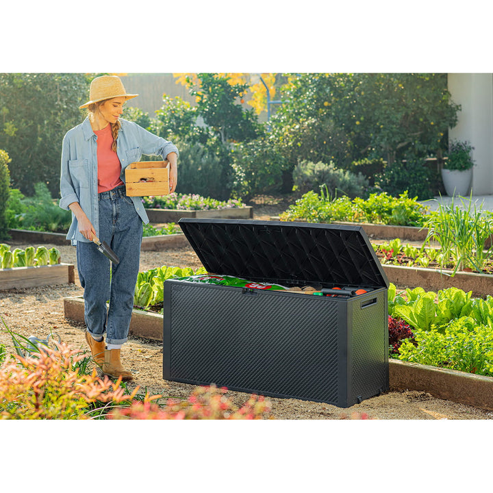 Keter Emily Garden Storage Bin, capacity 277L, anthracite color, max load capacity 20kg, weather-resistant, features handles and wheels, 249722
