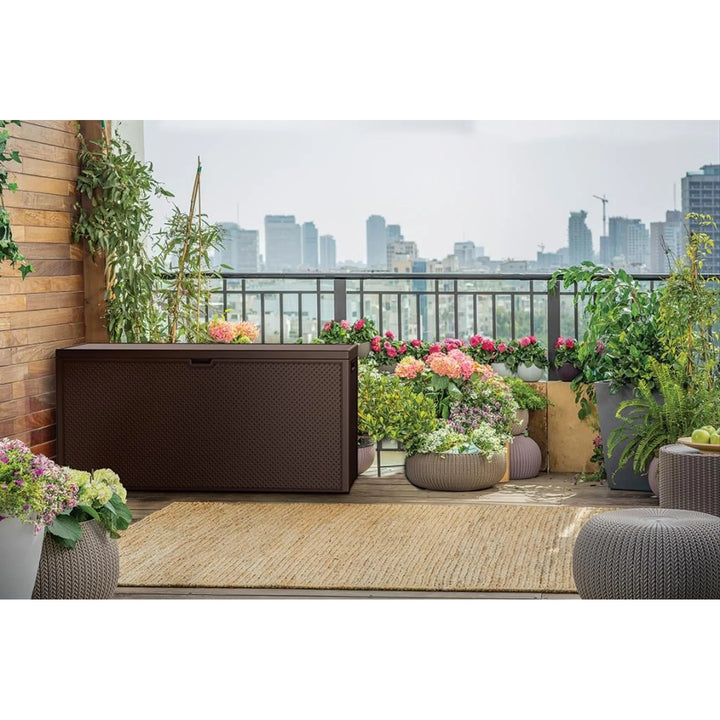 Keter Emily Garden Storage Bin, capacity 277L, brown, max. load capacity 20kg, weather-resistant, features handles and wheels, 249719