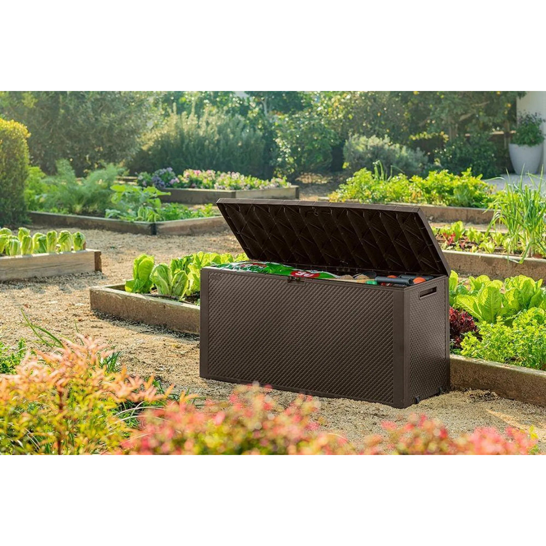 Keter Emily Garden Storage Bin, capacity 277L, brown, max. load capacity 20kg, weather-resistant, features handles and wheels, 249719