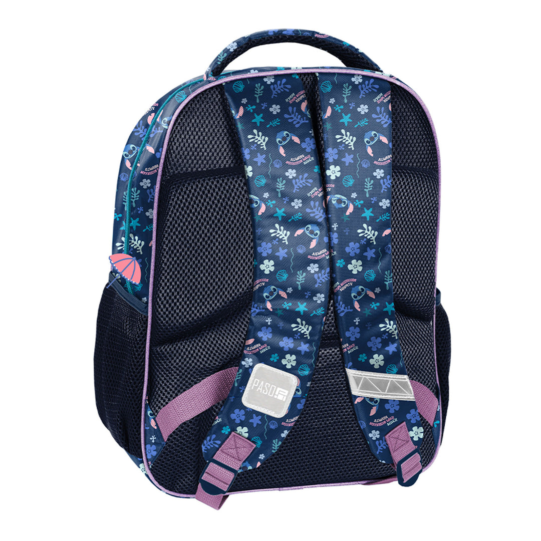 Stitch Paso School Set, Backpack with two compartments, reflective elements, and a padded back panel; pencil case (empty) with pencil holders; shoe bag that can be worn on the back, DS26XX