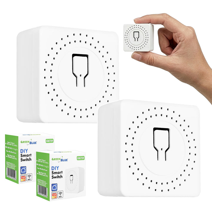 GreenBlue Flush-Mount WiFi Relay, Android/iOS/Alexa/Google Home, 100–240 V AC, 50/60 Hz, max. 16 A, for 150 W LEDs, GB739, 2 pieces