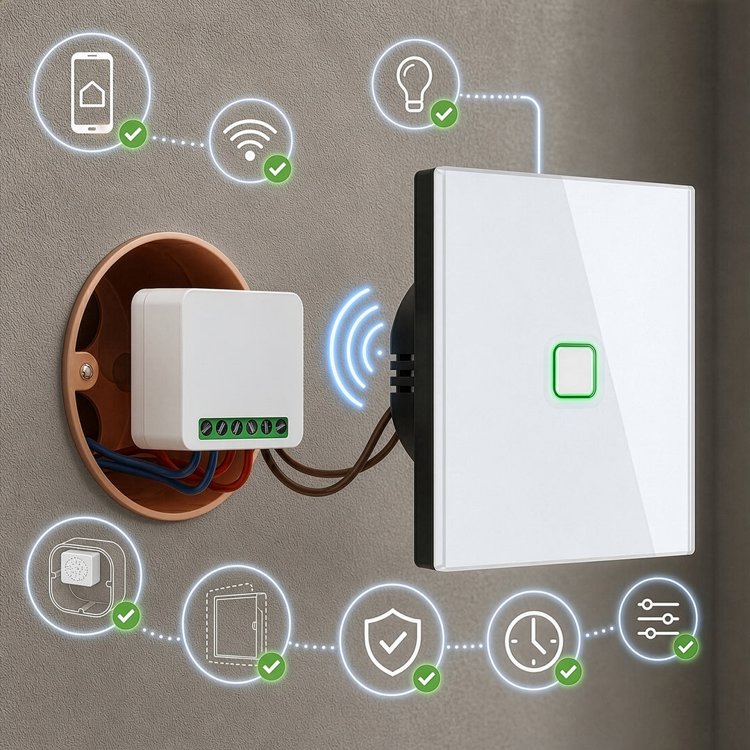GreenBlue Flush-Mount WiFi Relay, Android/iOS/Alexa/Google Home, 100–240 V AC, 50/60 Hz, max. 16 A, for 150 W LEDs, GB739, 4 pieces
