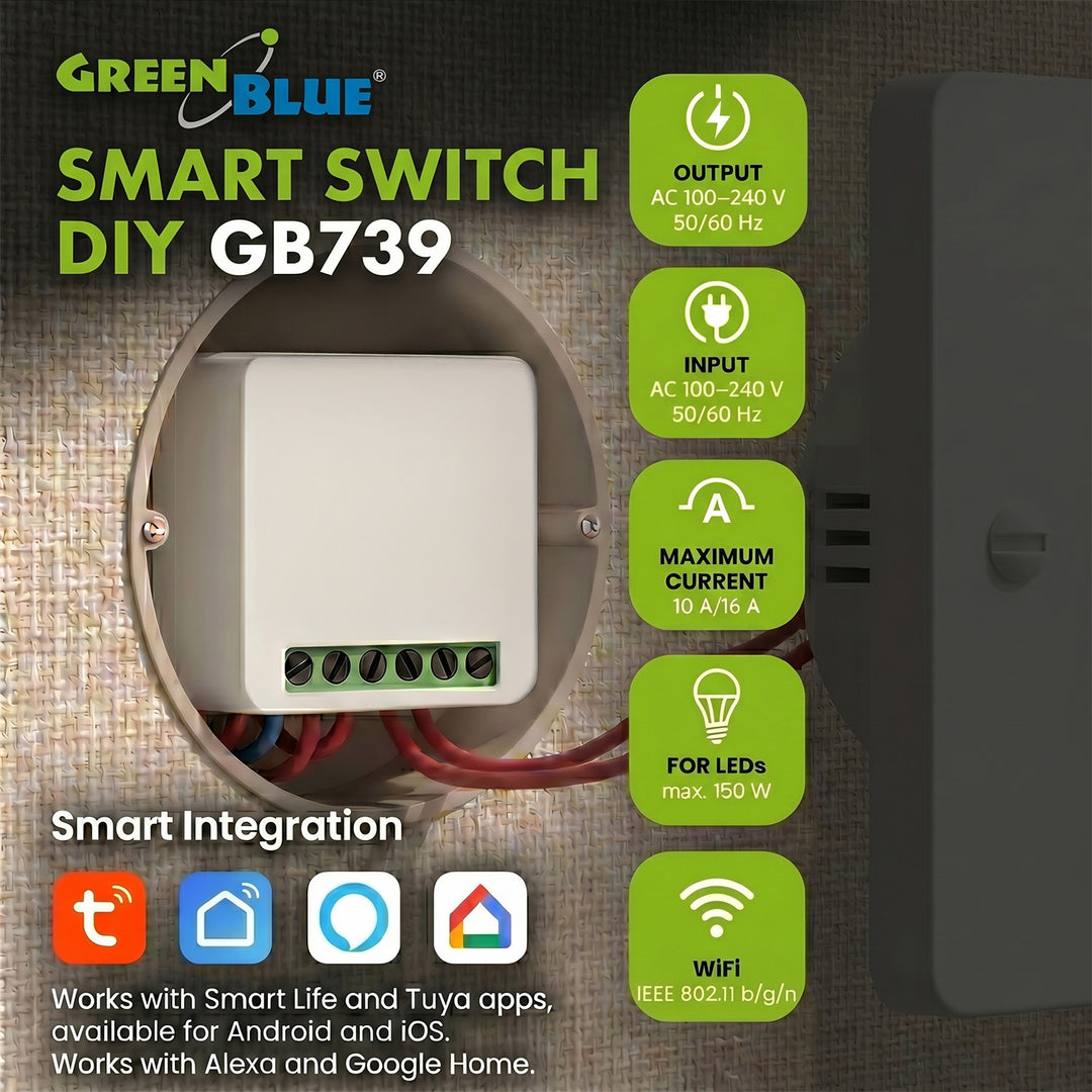 GreenBlue Flush-Mount WiFi Relay, Android/iOS/Alexa/Google Home, 100–240 V AC, 50/60 Hz, max. 16 A, for 150 W LEDs, GB739, 4 pieces