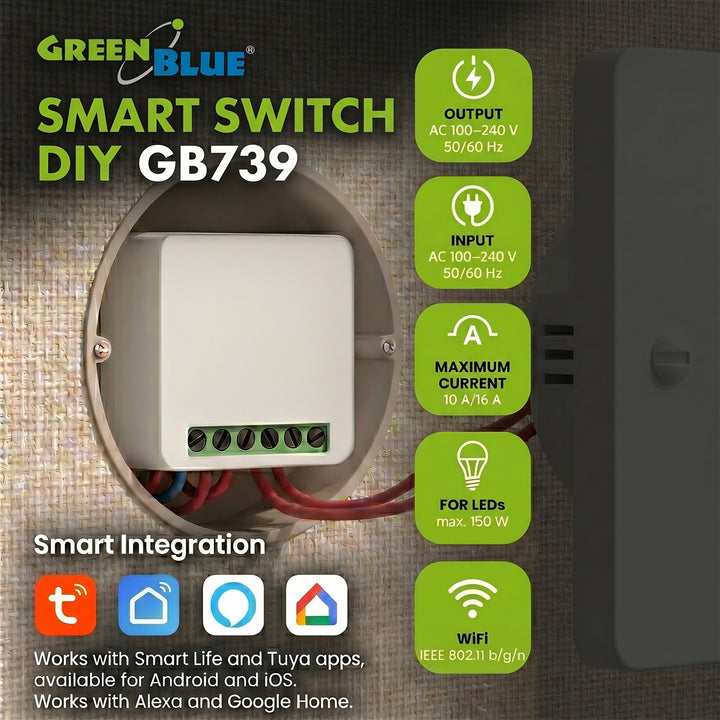 GreenBlue Flush-Mount WiFi Relay, Android/iOS/Alexa/Google Home, 100–240 V AC, 50/60 Hz, max. 16 A, for 150 W LEDs, GB739, 4 pieces