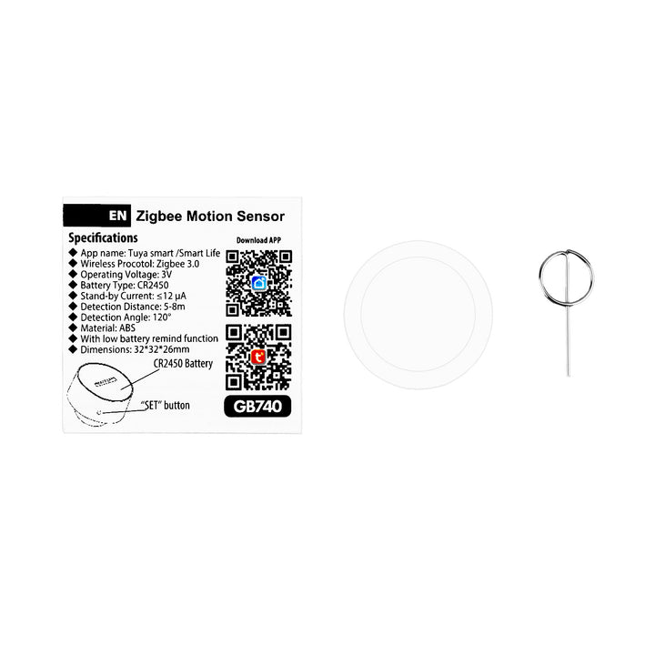 Tuya GreenBlue Wireless Zigbee Motion Sensor, Android/iOS, CR2450 DC 3.0V, 120° detection angle / up to 8 m, GB740, 2 pieces