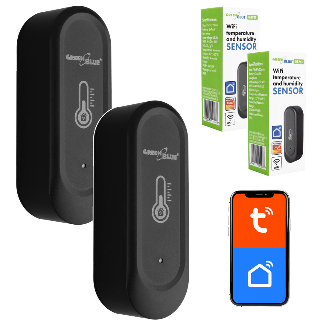GreenBlue Outdoor WiFi Temperature and Humidity Sensor, Android/iOS, 3.0V DC, LR03x2, IP65, GB741, 2 pieces