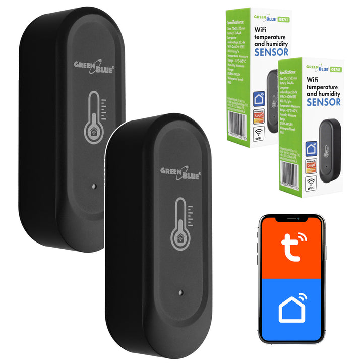 GreenBlue Outdoor WiFi Temperature and Humidity Sensor, Android/iOS, 3.0V DC, LR03x2, IP65, GB741, 2 pieces