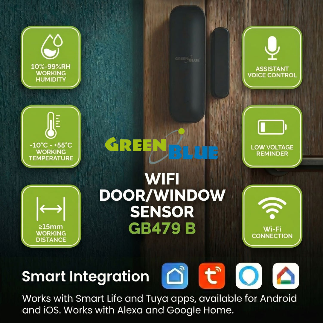 GreenBlue Wireless Reed Switch / WiFi Door/Window Sensor, Android/iOS, 3.0V DC, LR03x2, GB479 B, 2 sets