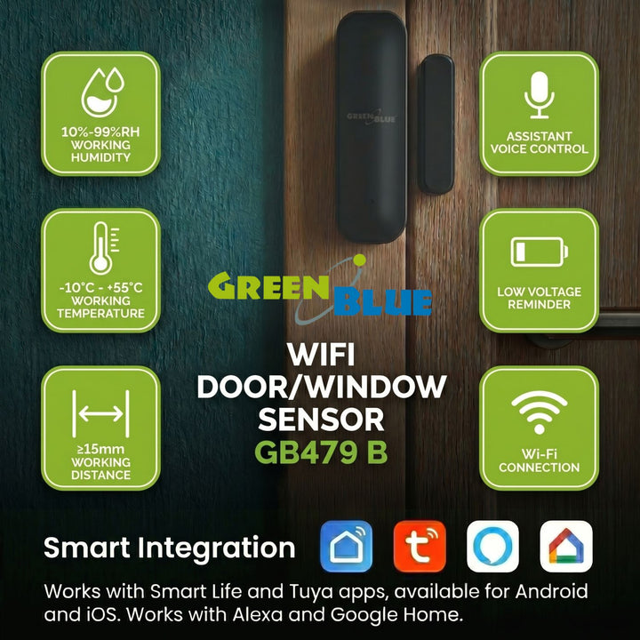 GreenBlue Wireless Reed Switch / WiFi Door/Window Sensor, Android/iOS, 3.0V DC, LR03x2, GB479 B, 2 sets
