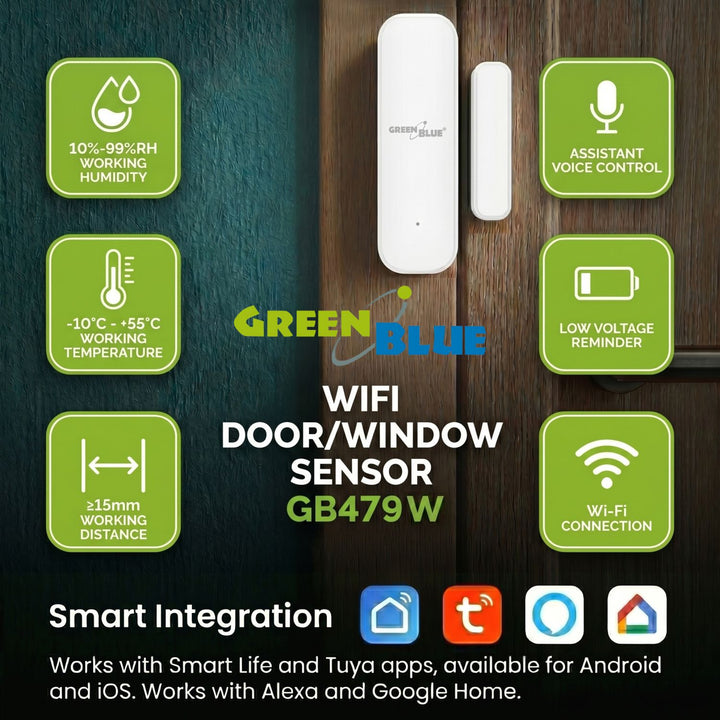 GreenBlue Wireless Reed Switch / WiFi Door/Window Sensor, Android/iOS, 3.0V DC, LR03x2, GB479 W, 2 sets