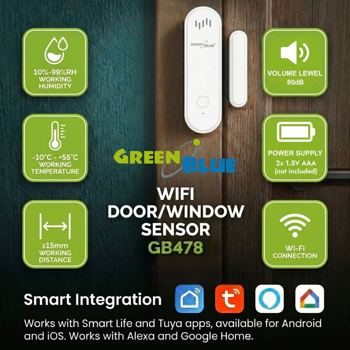GreenBlue Wireless Reed Switch / WiFi Door/Window Sensor, Android/iOS, 3.0V DC, LR03x2, with Alarm, GB478, 2 Sets