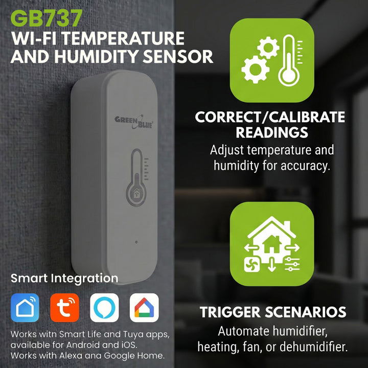 GreenBlue WiFi Temperature and Humidity Sensor, Android/iOS/Alexa/Google Home, 3.0V DC, LR03x2, GB737, 2 pieces