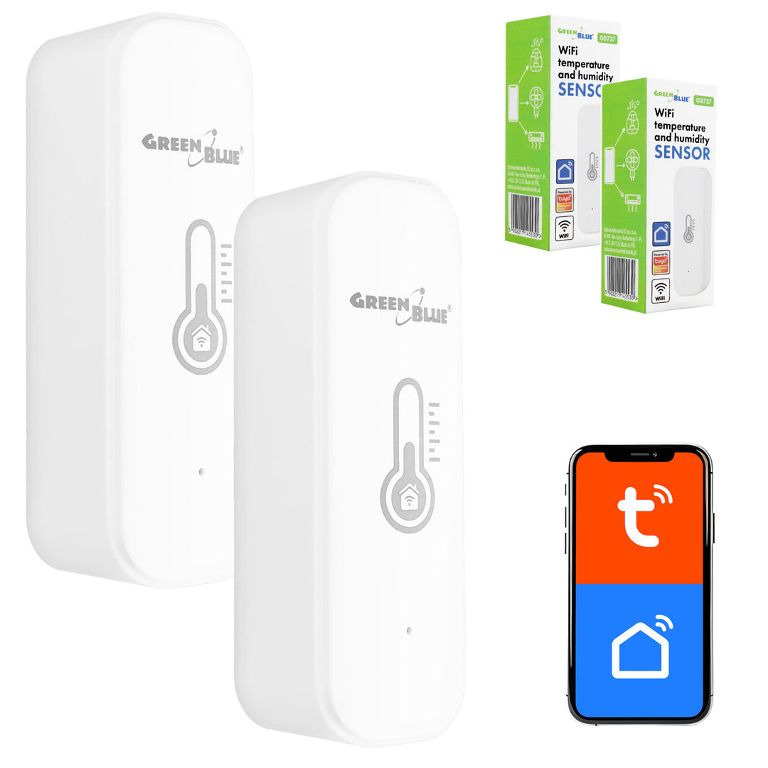 GreenBlue WiFi Temperature and Humidity Sensor, Android/iOS/Alexa/Google Home, 3.0V DC, LR03x2, GB737, 2 pieces