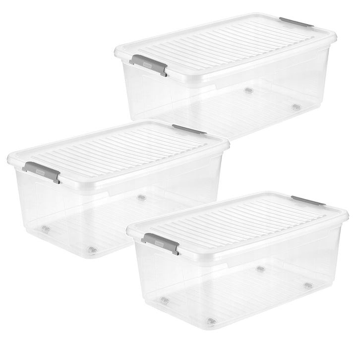 Leo Keeeper container with lid, 37L capacity, clear, with wheels, clip-on lid, set of 3