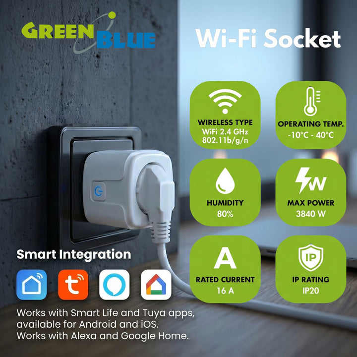 GreenBlue Remote-Controlled WiFi Outlet, Android/iOS/Alexa/Google Home, Timer, Watt Meter, Max 16A/3840W, GB735 W, 3-Pack