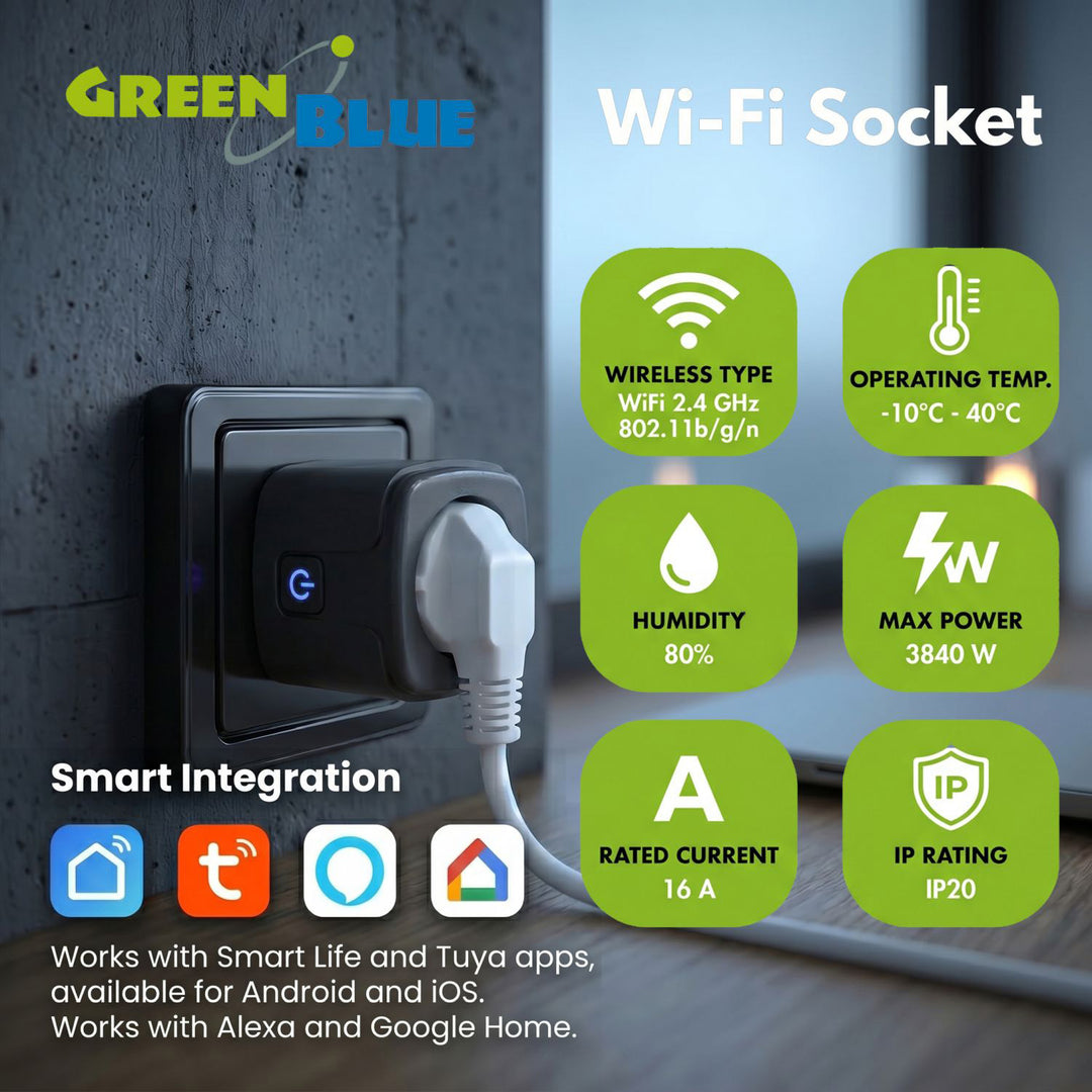 GreenBlue Remote-Controlled WiFi Outlet, Android/iOS/Alexa/Google Home, Timer, Watt Meter, Max 16A/3840W, GB735 B, 3 pieces