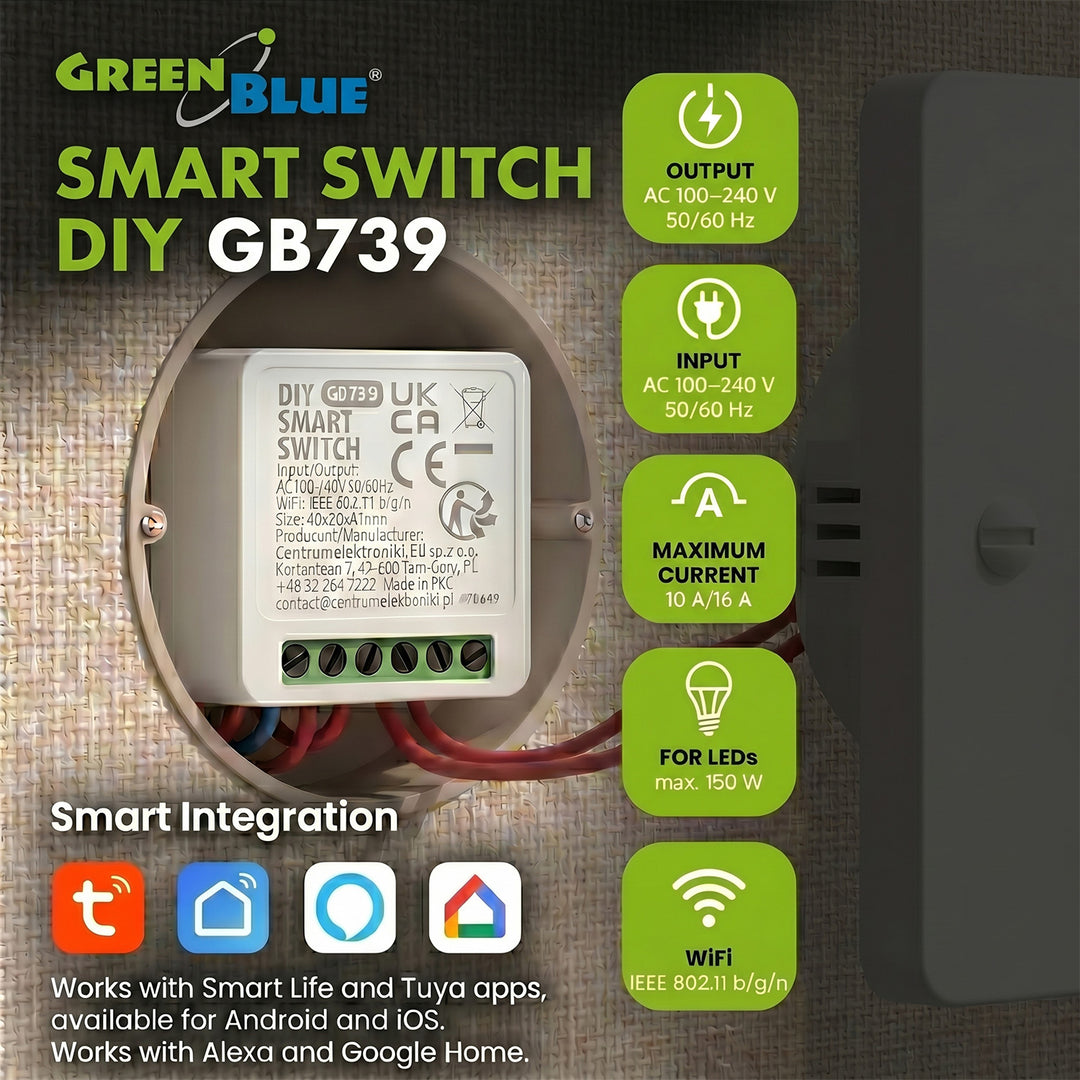 GreenBlue Flush-Mount WiFi Relay, Android/iOS/Alexa/Google Home, 100–240 V AC, 50/60 Hz, max. 16 A, for 150 W LEDs, GB739, 3 pieces
