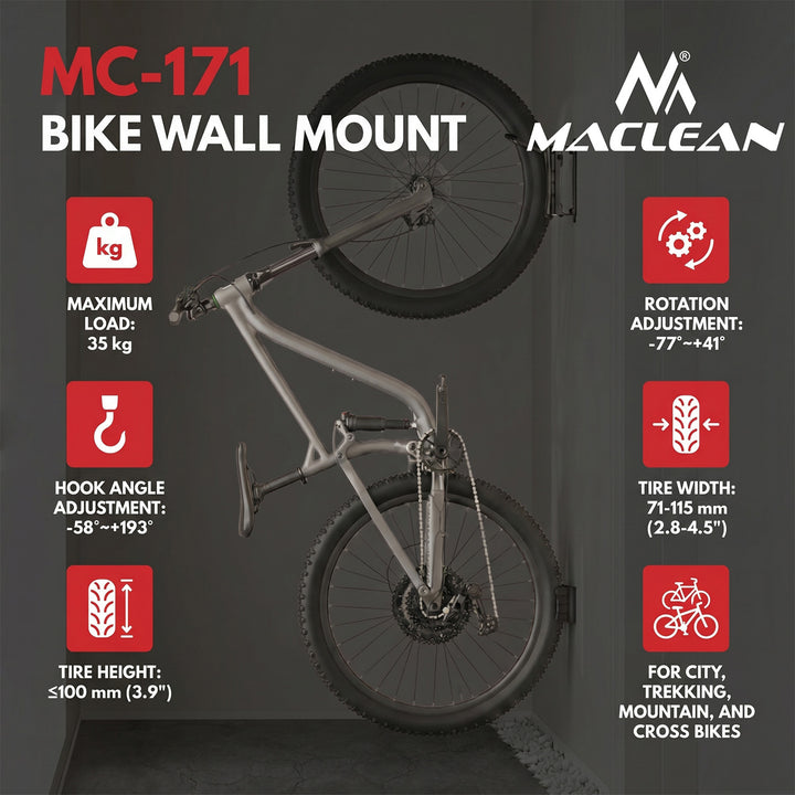 Maclean Wall-Mounted Bike Rack/Hanger, max. load 35 kg, adjustable tilt angle, steel, MC-171, 2 pieces