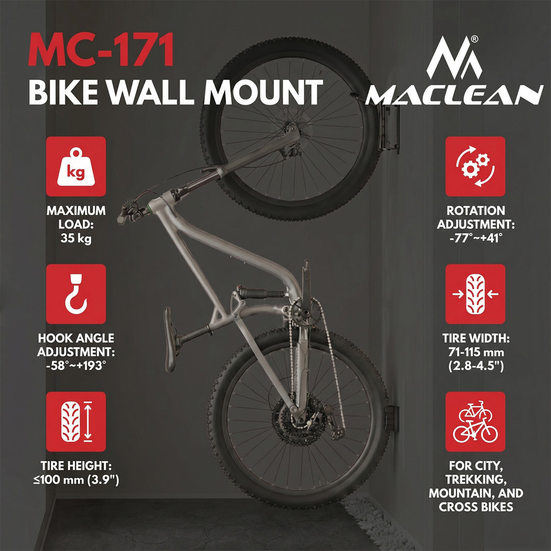Maclean Wall-Mounted Bike Rack/Hanger, max. load 35 kg, adjustable tilt angle, steel, MC-171, 3 pieces