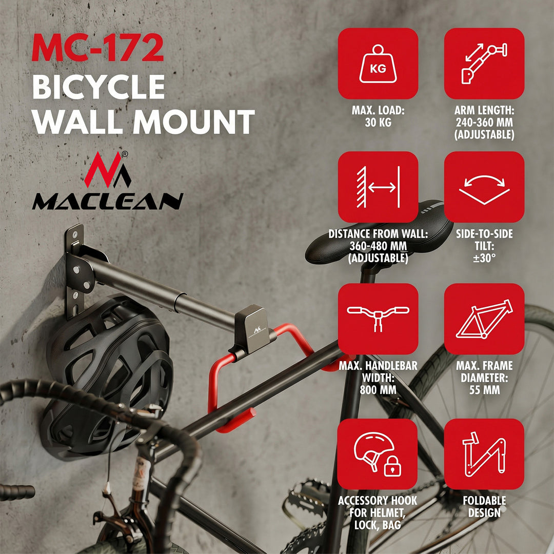 Maclean Horizontal Wall-Mounted Bike Rack, steel, max. load 30 kg, adjustable angle, MC-172, 4 pieces