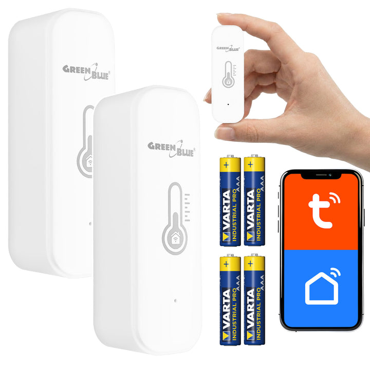 GreenBlue WiFi Temperature and Humidity Sensor, Android/iOS/Alexa/Google Home, 3.0V DC, LR03x2, GB737 (2 pieces) + 4x Varta Industrial 4003 AAA alkaline batteries