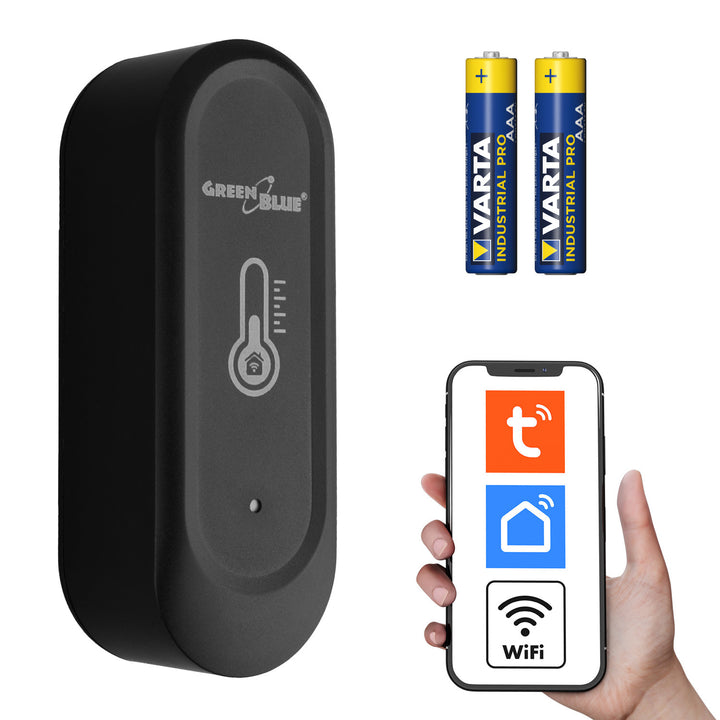 GreenBlue Outdoor WiFi Temperature and Humidity Sensor, Android/iOS, 3.0V DC, LR03x2, IP65, GB741 + 2x R-03 LR03 AAA Alkaline Batteries by Varta Industrial 4003