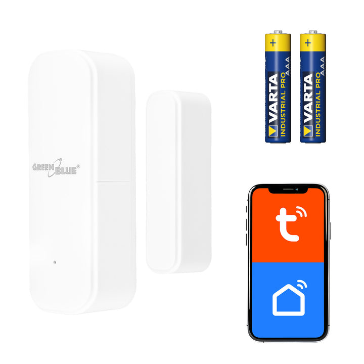 GreenBlue Wireless Reed Switch / WiFi Door/Window Sensor, Android/iOS, 3.0V DC, LR03x2, GB479 W + 2x R-03 LR03 AAA Alkaline Batteries by Varta Industrial 4003
