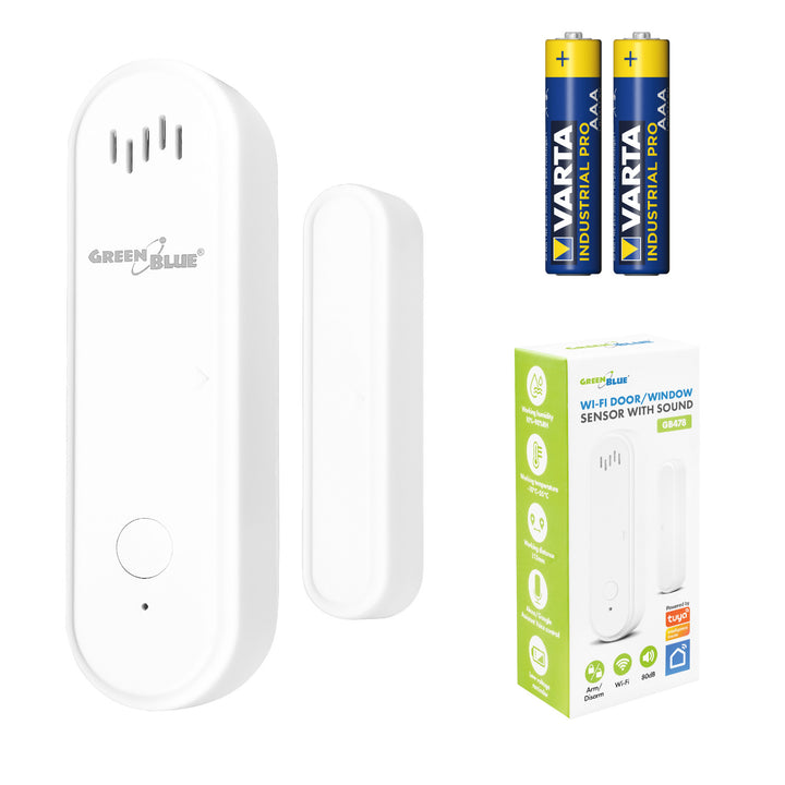 GreenBlue Wireless Reed Switch / WiFi Door/Window Sensor, Android/iOS, 3.0V DC, LR03x2, with Alarm, GB478 + 2x R-03 LR03 AAA Alkaline Batteries by Varta Industrial 4003