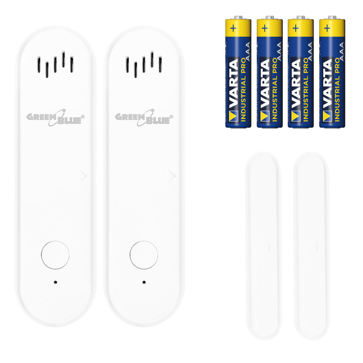 GreenBlue Wireless Reed Switch / WiFi Door/Window Sensor, Android/iOS, 3.0V DC, LR03x2, with Alarm, GB478 (2 pieces) + 4x Varta Industrial 4003 AAA Alkaline Batteries