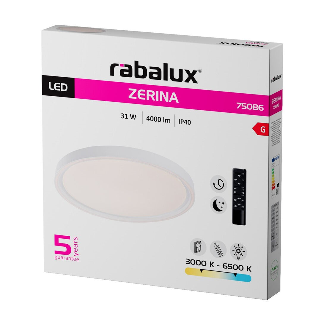 Rabalux Zerina Ceiling Light, 31W, IP40, white, 3000–6500 K, memory function, with remote control, timer function, night light effect, 75086