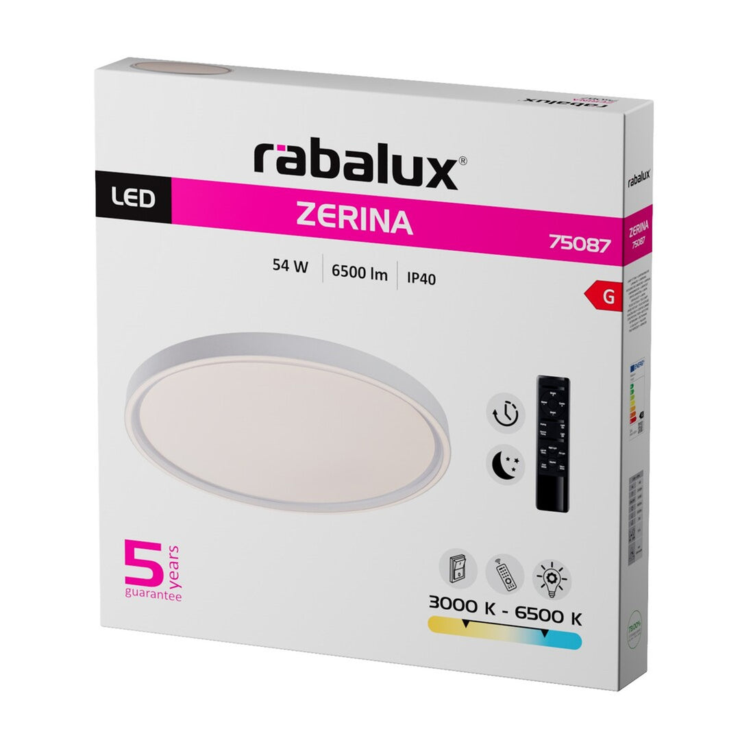 Rabalux Zerina Ceiling Light, 54W, IP40, white, 3000–6500 K, memory function, with remote control, timer function, night light effect, 75087