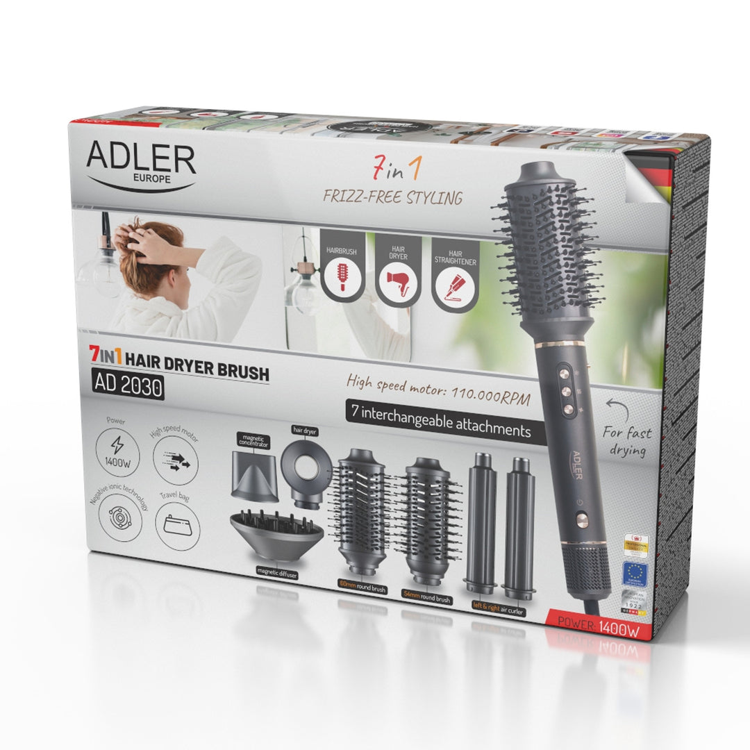 7-in-1 Hair Dryer and Curler - 7 attachments, ionization, cool air, 3 heat settings, 3 speed settings, travel case, AD 2030, Adler