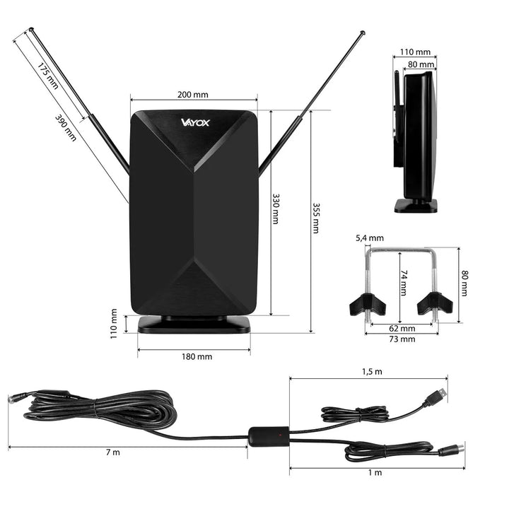 Active antenna, indoor, outdoor, DVB-T2, 4K terrestrial TV, Vayox