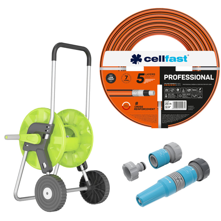 Cellfast Garden Hose, PROFESSIONAL 3/4" 20 m + Cellfast Economic Hose Cart 1/2" 45 m + Set with 3/4" IDEAL Straight Sprinkler