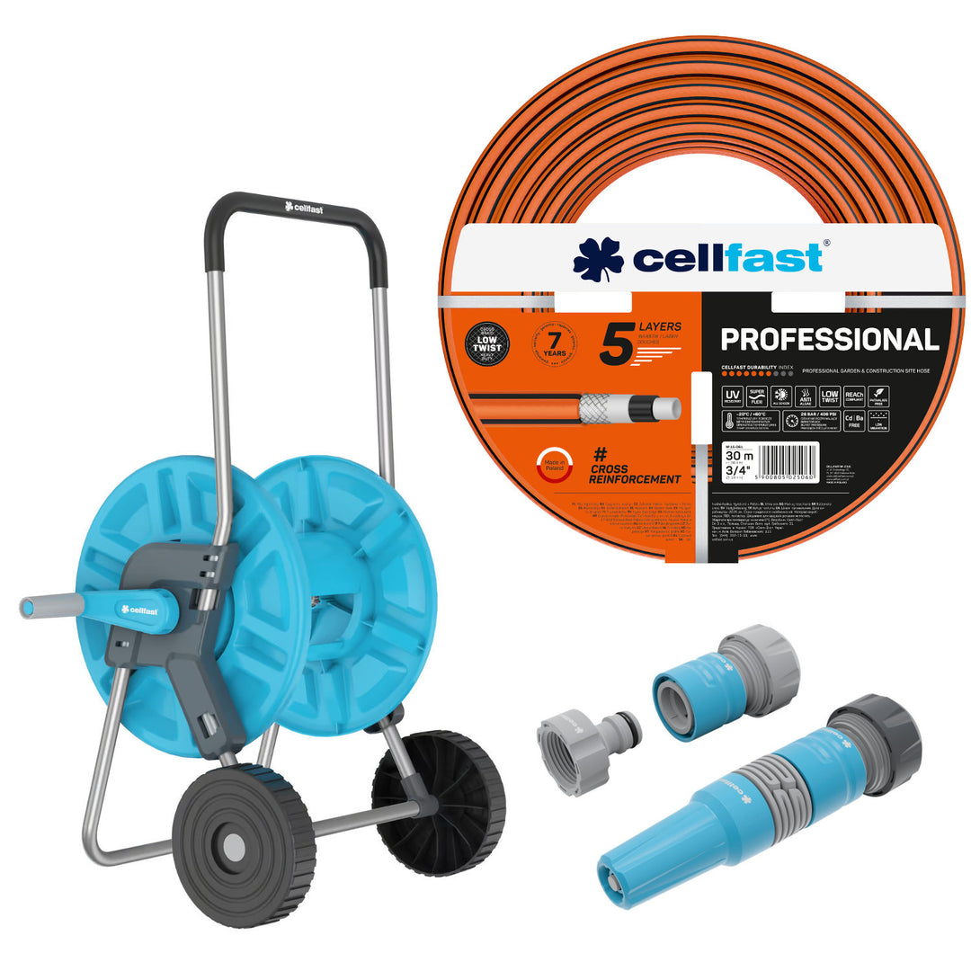 Cellfast Garden Hose, PROFESSIONAL 3/4" 30 m + Set with 3/4" IDEAL Straight Sprinkler + Cellfast Aluplus 1/2" 60 m Hose Cart