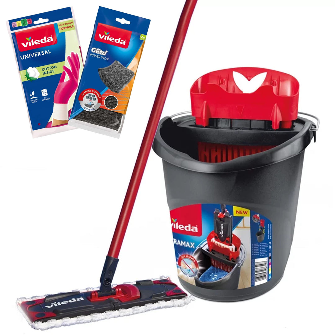 Ultramax Flat Mop Set + Universal Gloves + 2 Glitzi Scrub Sponges by Vileda, Touchless Wringing System, Two Types of Fibers, 177453