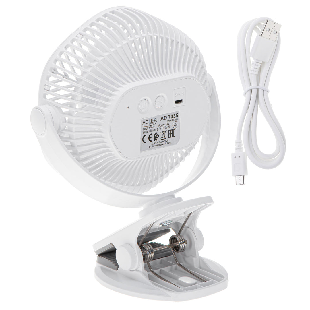 5"/12.7 cm Rechargeable Fan with Clip - USB / LED, AD 7335, Adler