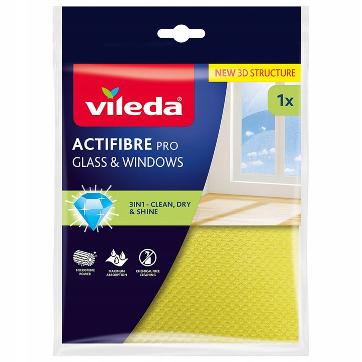 Vileda Actifibre Pro cloth for glass and windows, machine washable, PVA coating, leaves no streaks or water spots, cleans with just water, 183298