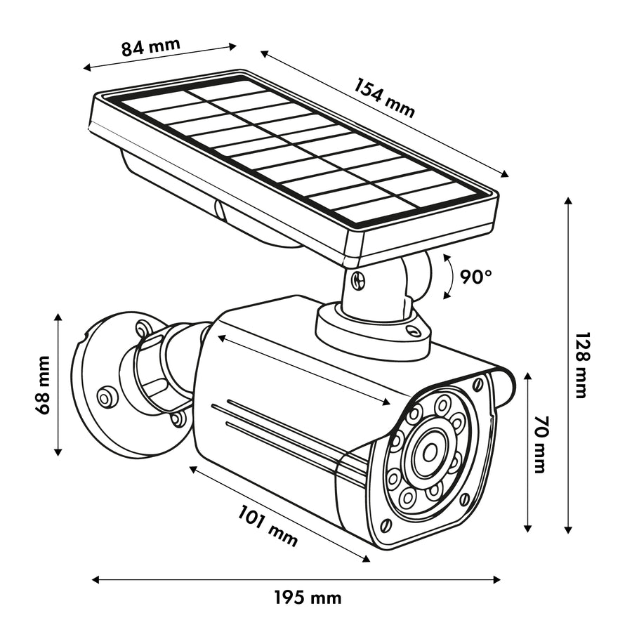 Solar-powered dummy camera, flashing LED, motion sensor, LED lighting, stickers included, SOL1800S/B, 2 pieces