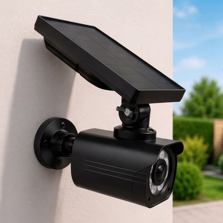 Solar-powered dummy camera, flashing LED, motion sensor, LED lighting, stickers included, SOL1800S/B, 2 pieces