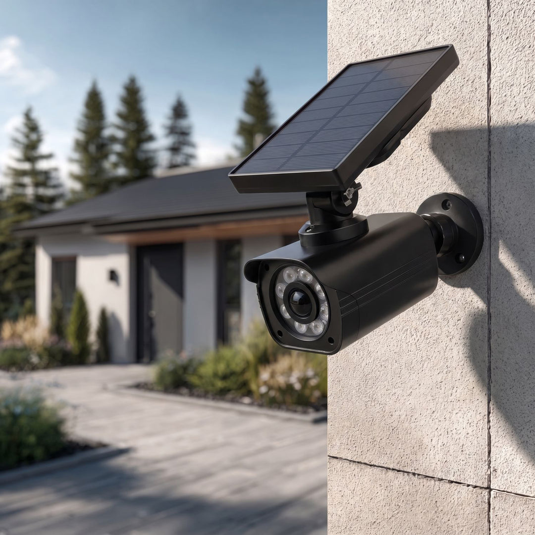 Solar-powered dummy camera, flashing LED, motion sensor, LED lighting, stickers included, SOL1800S/B, 2 pieces