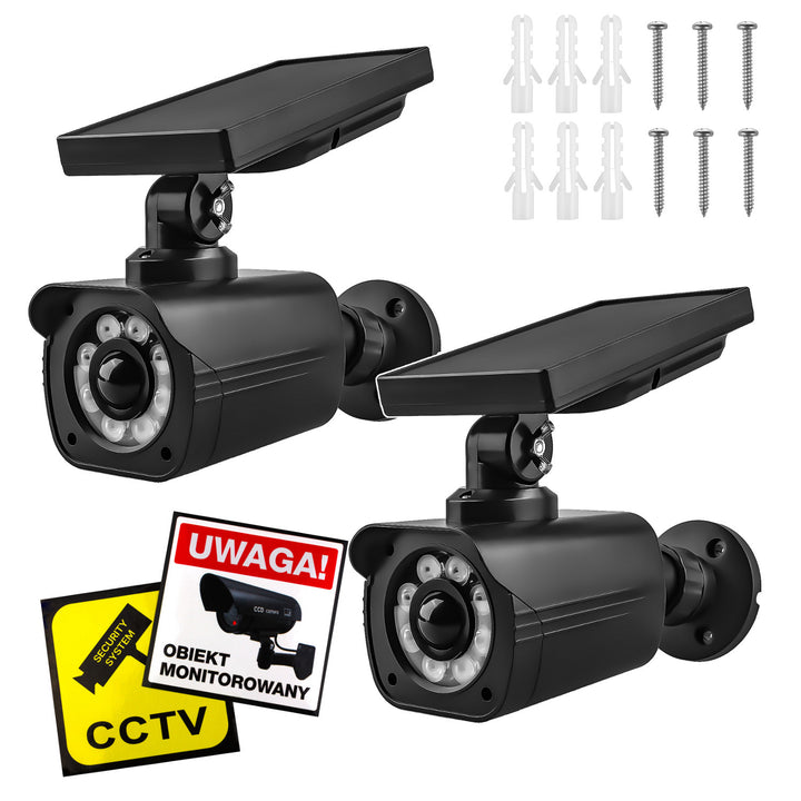 Solar-powered dummy camera, flashing LED, motion sensor, LED lighting, stickers included, SOL1800S/B, 2 pieces
