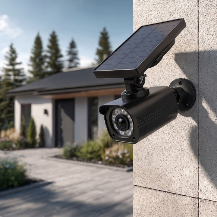 Solar-powered dummy camera, flashing LED, motion sensor, LED lighting, stickers included, SOL1800S/B, 4 pieces