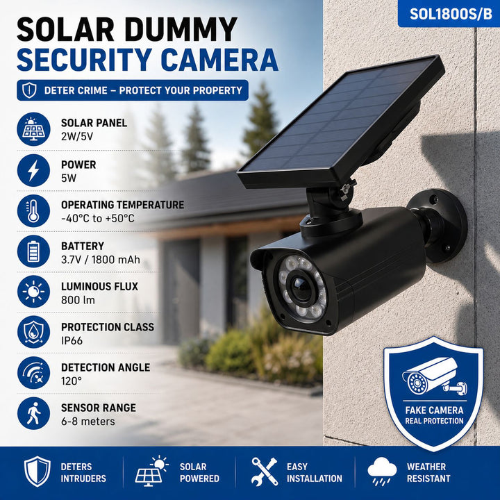 Solar-powered dummy camera, flashing LED, motion sensor, LED lighting, stickers included, SOL1800S/B, 4 pieces