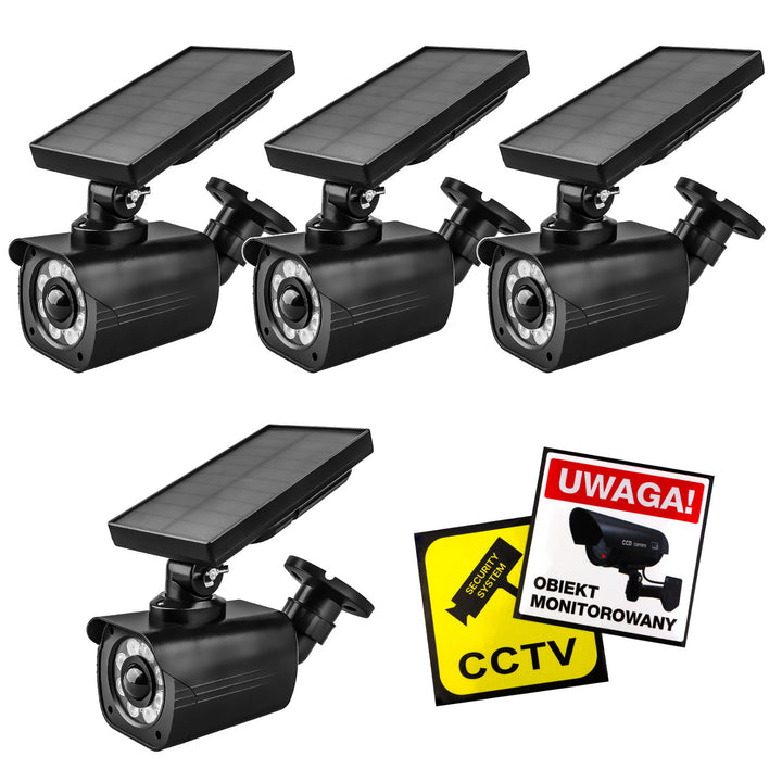 Solar-powered dummy camera, flashing LED, motion sensor, LED lighting, stickers included, SOL1800S/B, 4 pieces