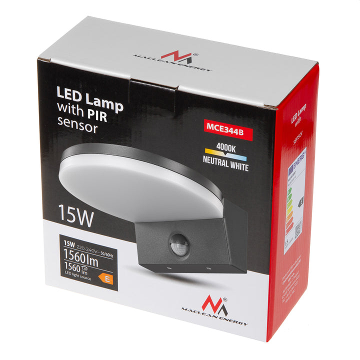 Maclean LED Light with Motion Sensor, PIR Motion Sensor, Black, 15W, IP65, 1560 lm, Neutral White (4000K) MCE344 B, 2 pieces